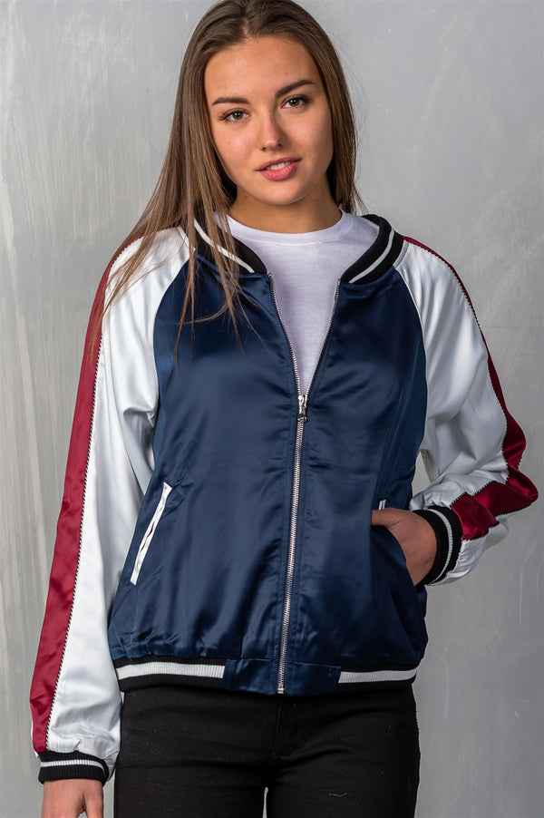 Ladies fashion navy "brunch" embroidered bomber colorblock jacket