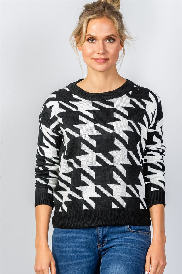 Ladies fashion round neckline geo print color block knit sweater