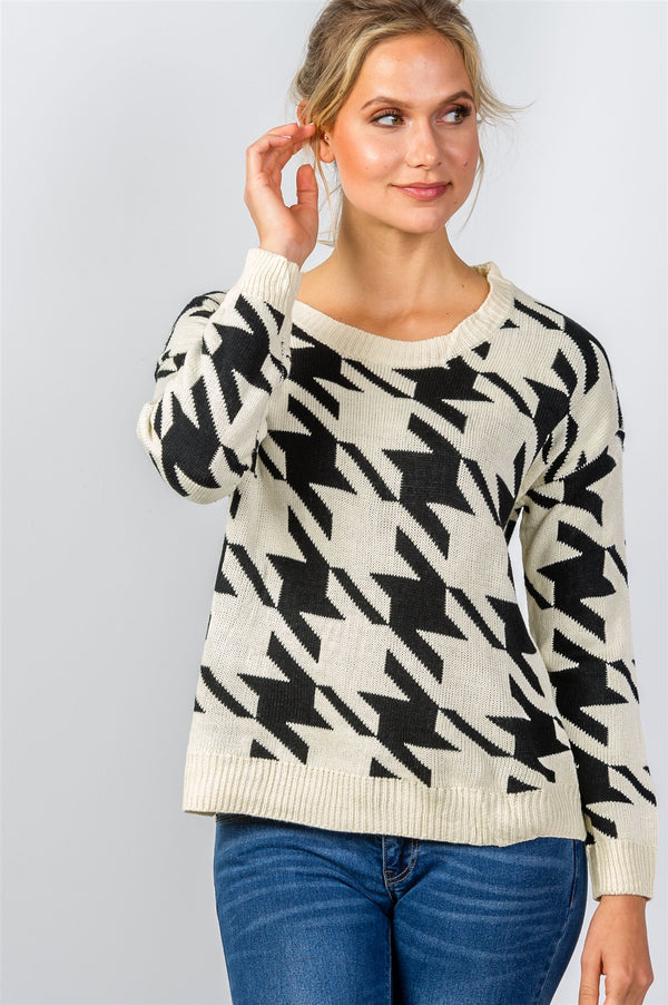 Ladies fashion round neckline geo print color block knit sweater