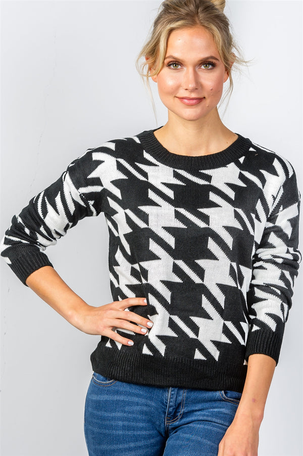 Ladies fashion round neckline geo print color block knit sweater