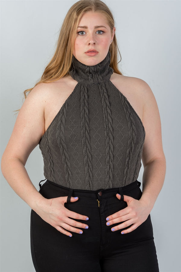 Ladies fashion plus size  cable knit turtleneck sleeveless bodysuit