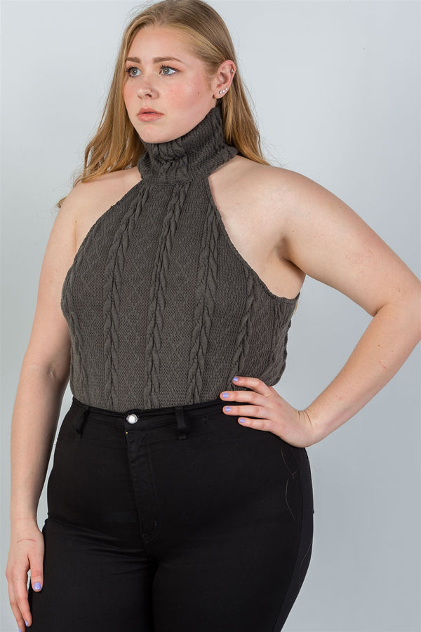 Ladies fashion plus size  cable knit turtleneck sleeveless bodysuit