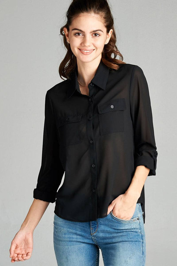 Ladies fashion long sleeve front pocket chiffon blouse w/ back button detail