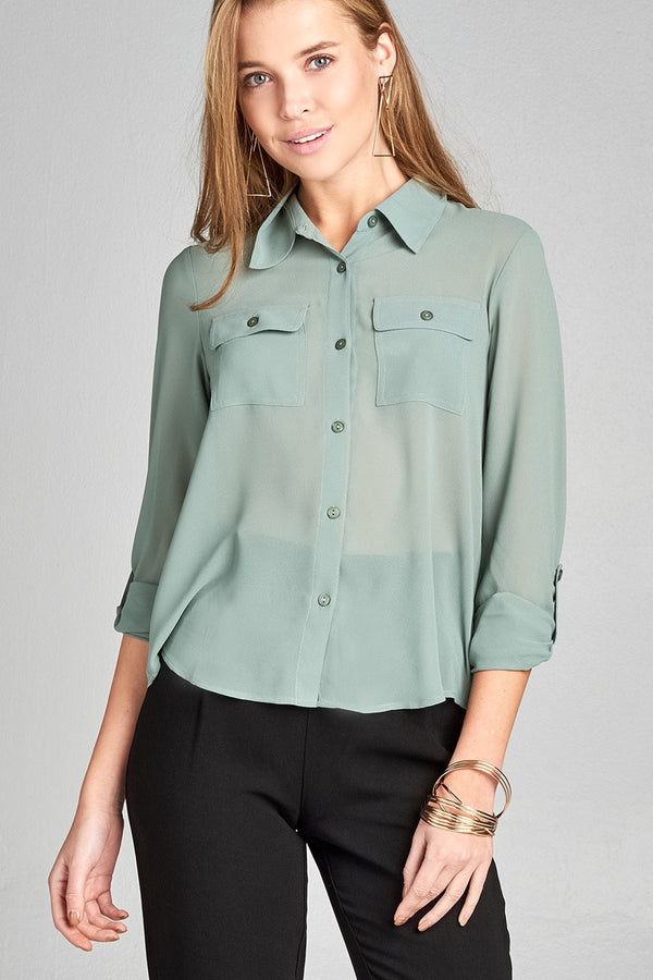 Ladies fashion long sleeve front pocket chiffon blouse w/ back button detail