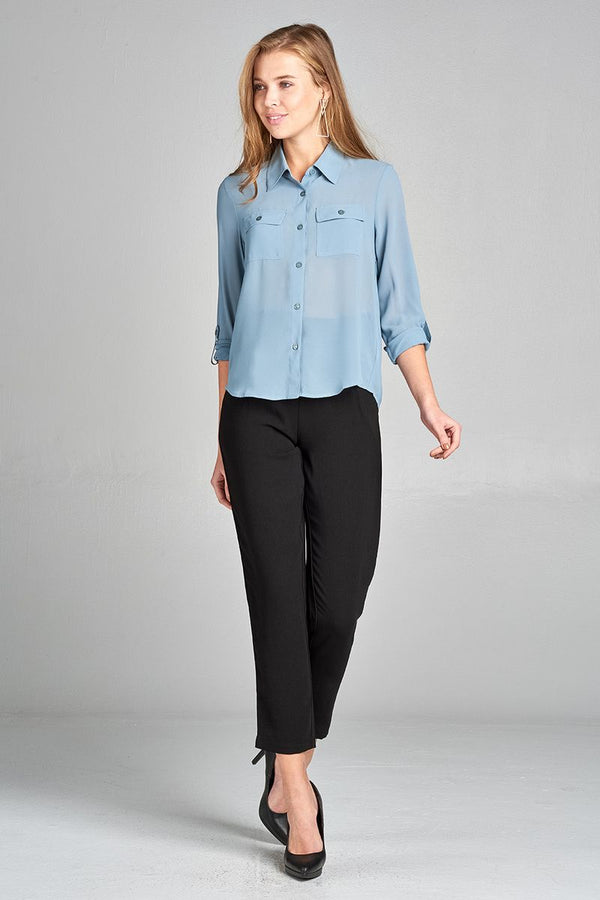 Ladies fashion long sleeve front pocket chiffon blouse w/ back button detail