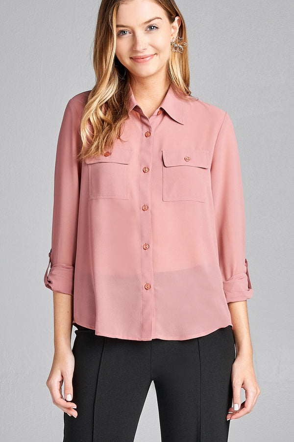 Ladies fashion long sleeve front pocket chiffon blouse w/ back button detail