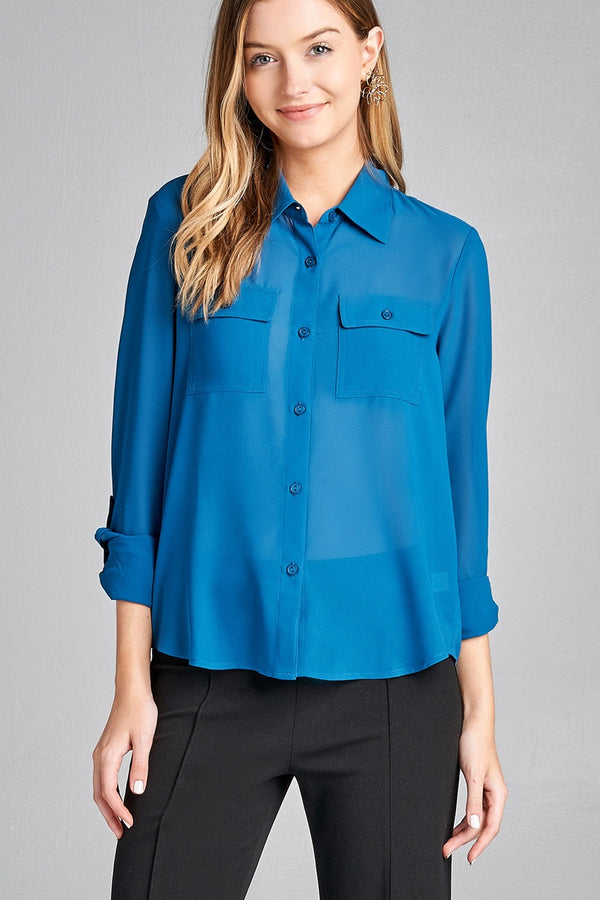 Ladies fashion long sleeve front pocket chiffon blouse w/ back button detail