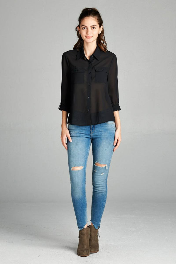 Ladies fashion plus size long sleeve front pocket chiffon blouse w/black button detail