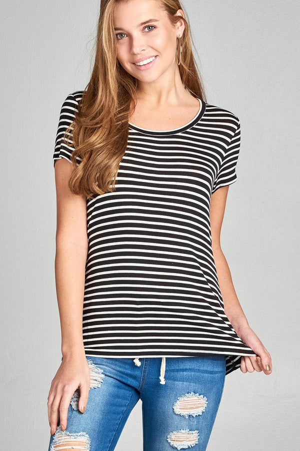 Ladies fashion short sleeve scoop neck stripe rayon spandex top