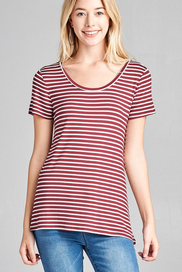 Ladies fashion short sleeve scoop neck stripe rayon spandex top