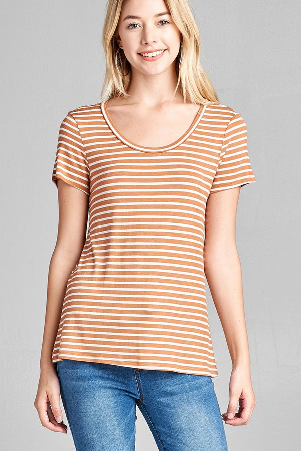 Ladies fashion short sleeve scoop neck stripe rayon spandex top