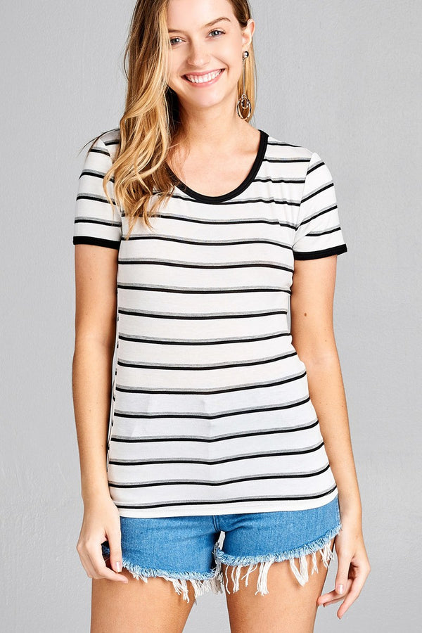 Ladies fashion short sleeve round neck yarn dye stripe rayon spandex jersey top