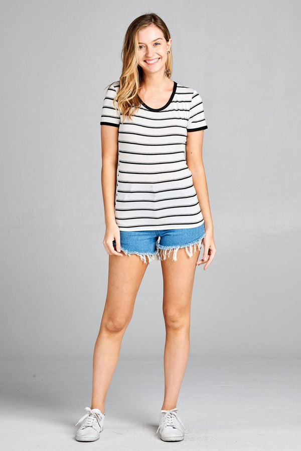 Ladies fashion short sleeve round neck yarn dye stripe rayon spandex jersey top