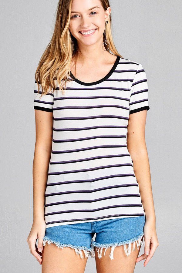 Ladies fashion short sleeve round neck yarn dye stripe rayon spandex jersey top