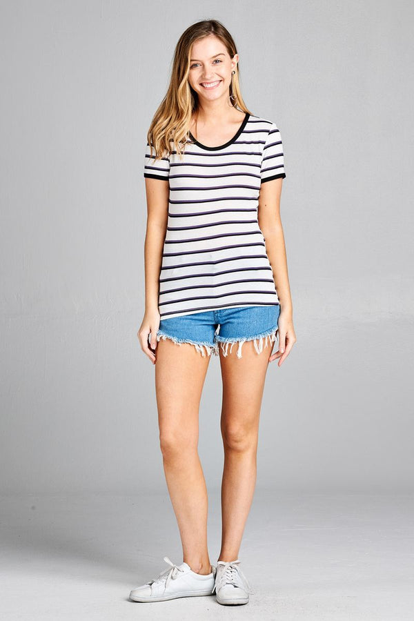 Ladies fashion short sleeve round neck yarn dye stripe rayon spandex jersey top