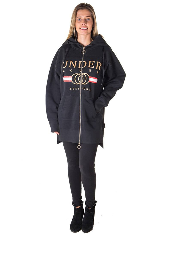 Ladies fashion fleece zip up sweatshirt oversize long hoodie outerwear jacket with applique