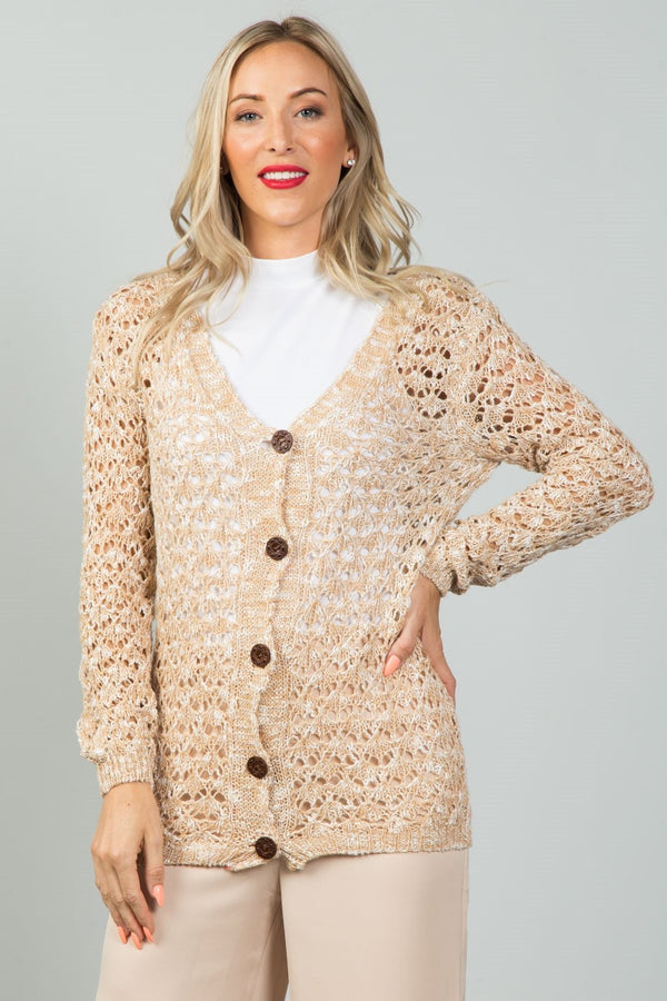 Ladies fashion button down closure crochet knitted color-block cardigan