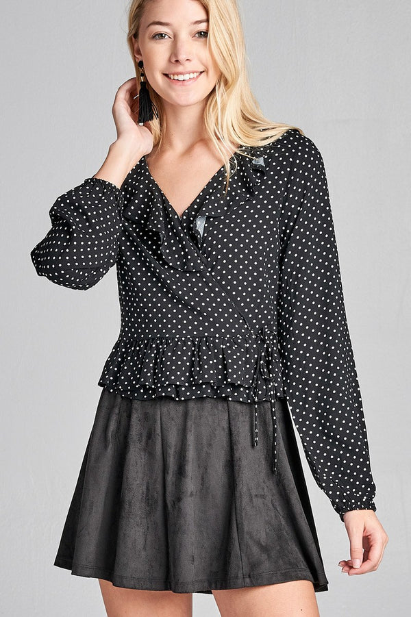 Ladies fashion long sleeve v-neck w/ruffle wrap side ribbon tie dot print woven top