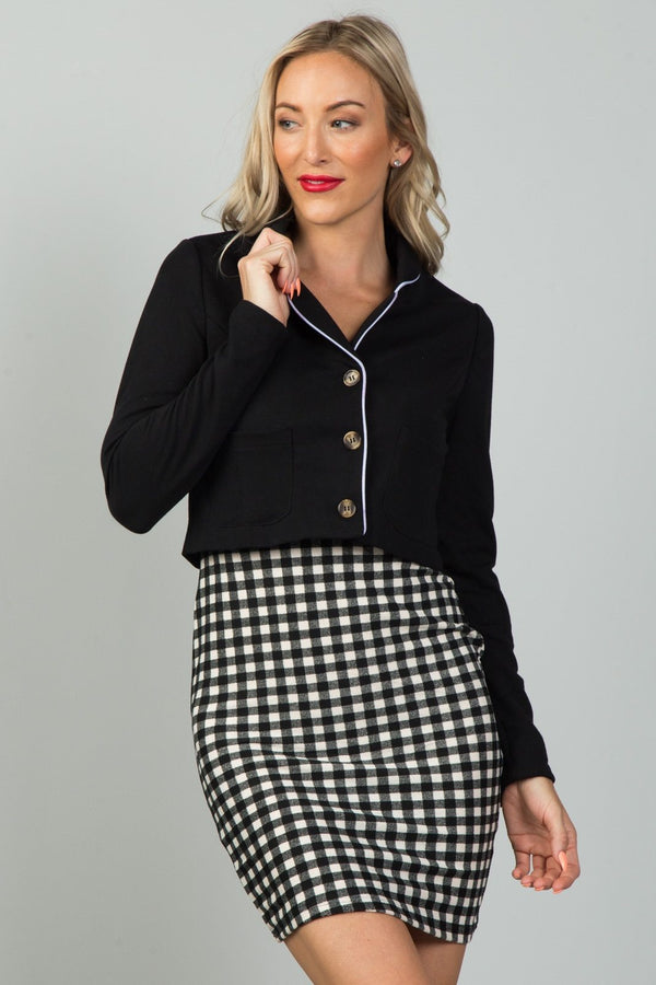 Ladies fashion black and white detail open front cropped blazer