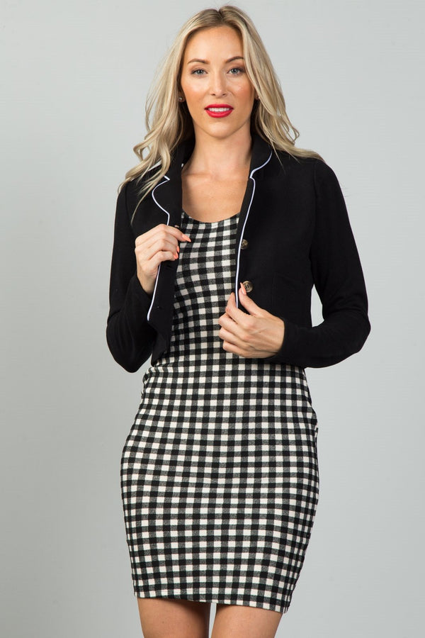 Ladies fashion black and white detail open front cropped blazer