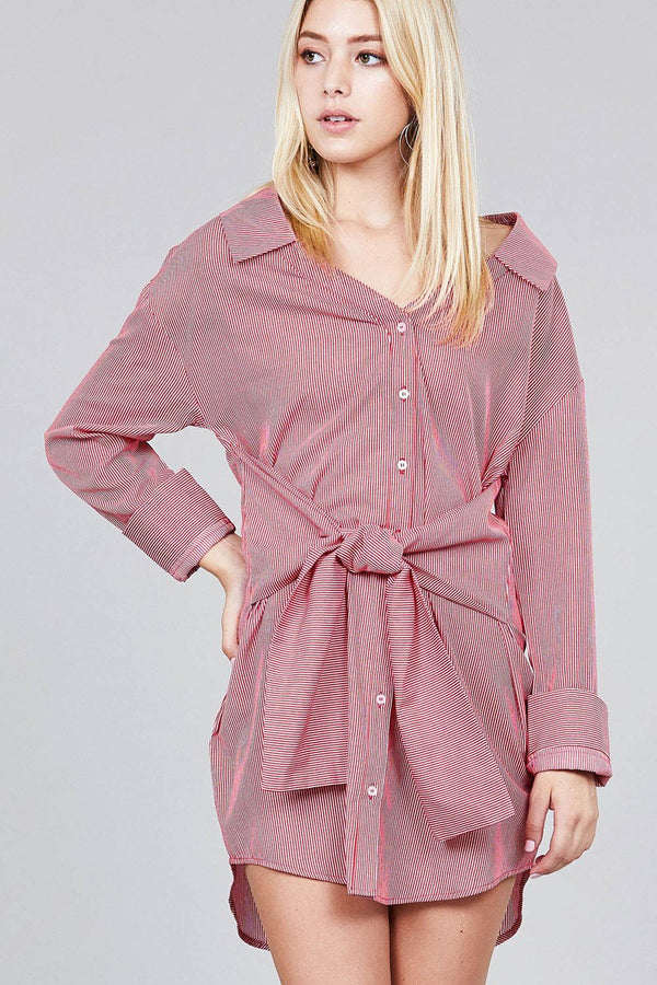 Ladies fashion long sleeve w/wide cuff waist self tie stripe shirt dress