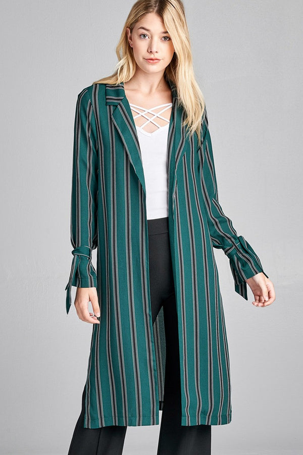 Ladies fashion long sleeve notched collar side slit multi stripe long jacket