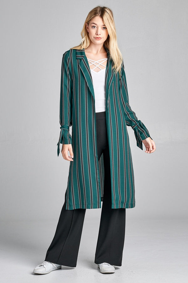 Ladies fashion long sleeve notched collar side slit multi stripe long jacket