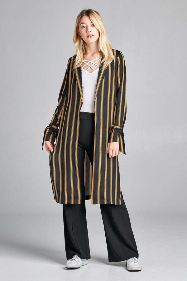 Ladies fashion long sleeve notched collar side slit multi stripe long jacket