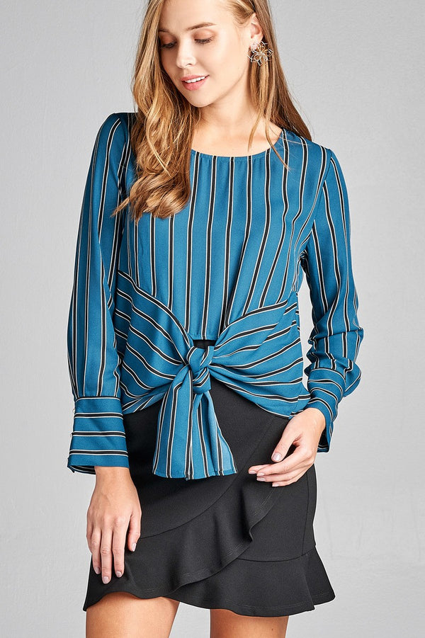 Ladies fashion long sleeve round neck front self tie multi stripe print woven top