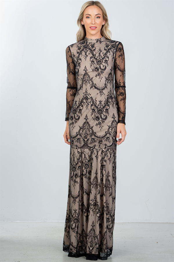 Ladies fashion black lace nude illusion open back maxi dress