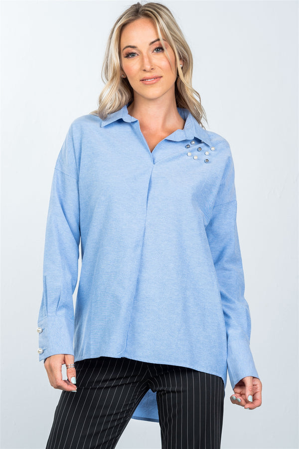 Denim blue faux pearl hi-low hem shirt