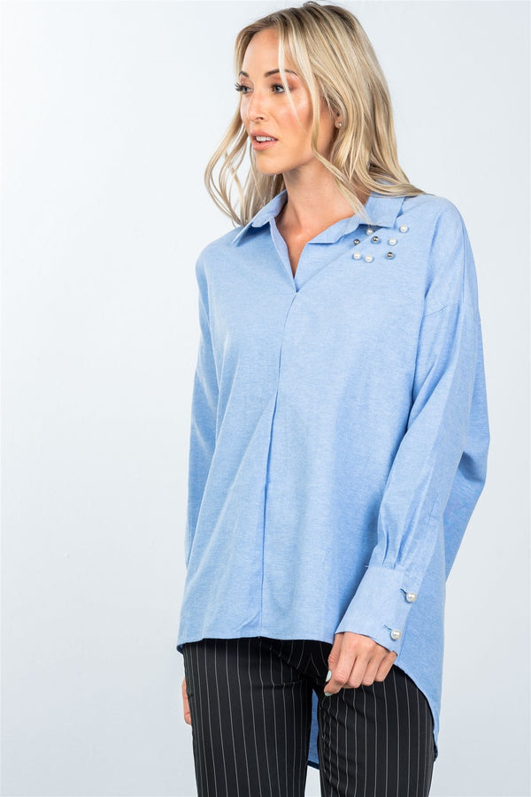 Denim blue faux pearl hi-low hem shirt