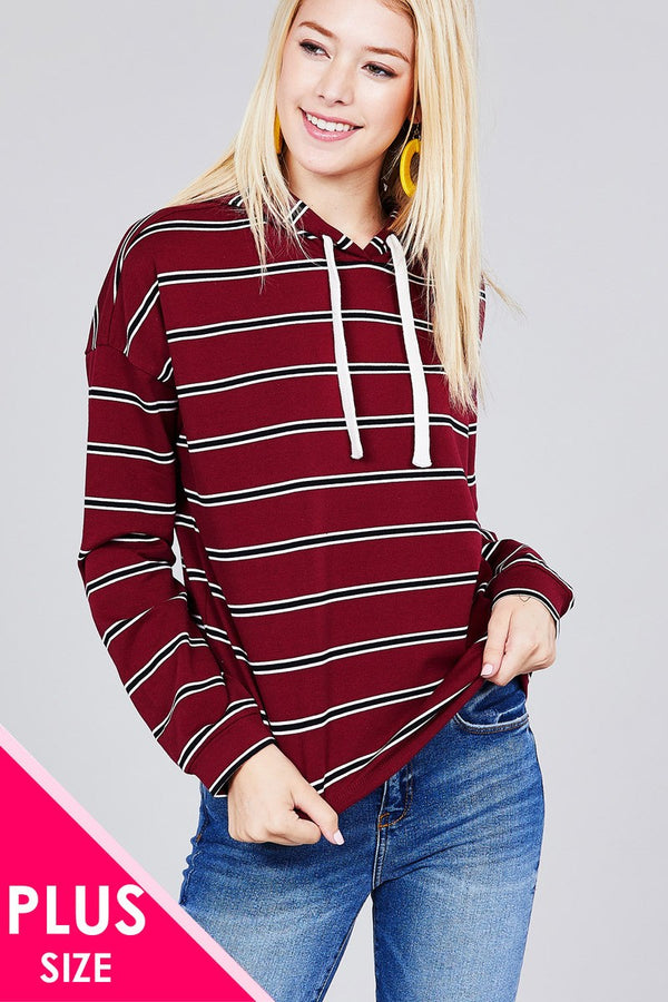 Ladies fashion plus size long sleeve hoodie w/drawstring stripe french terry top