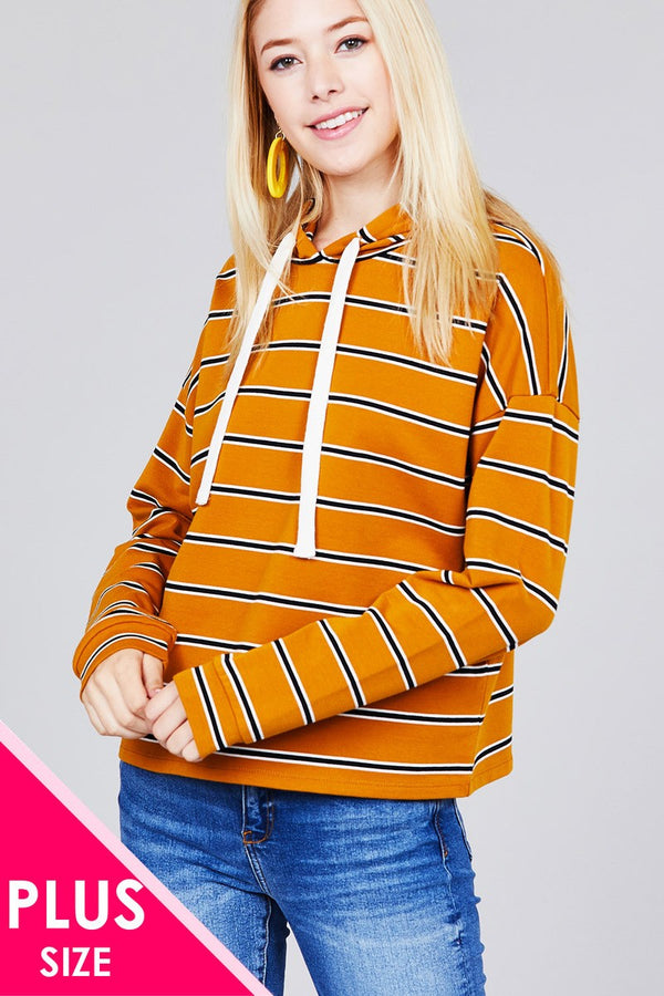 Ladies fashion plus size long sleeve hoodie w/drawstring stripe french terry top