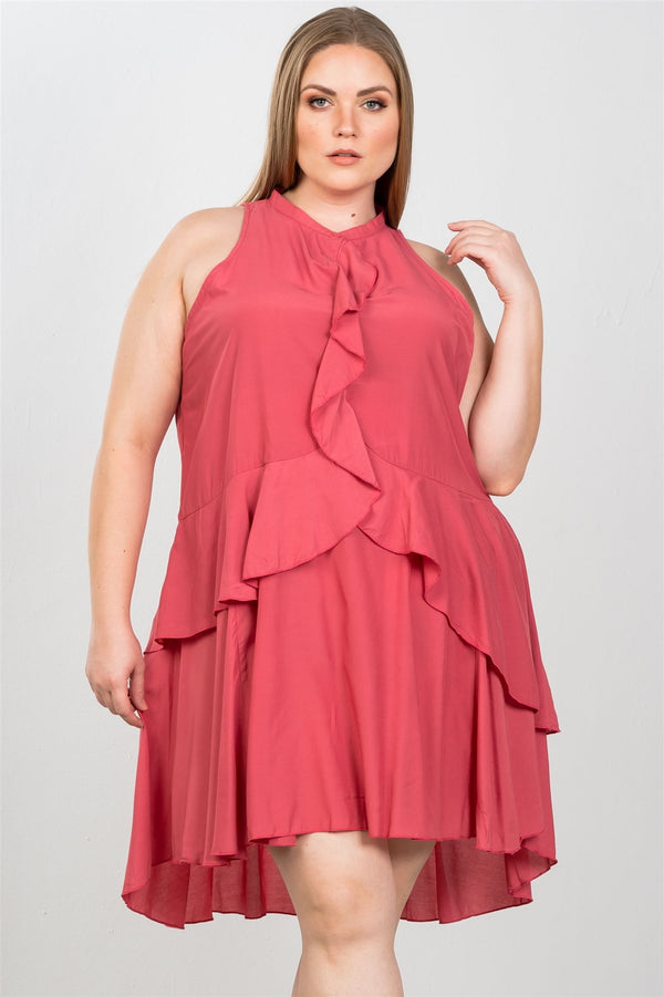 Ladies fashion plus size draped-ruffle front sleeveless swing mini dress