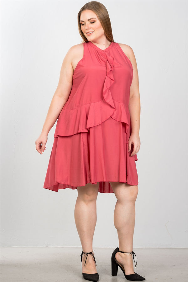 Ladies fashion plus size draped-ruffle front sleeveless swing mini dress