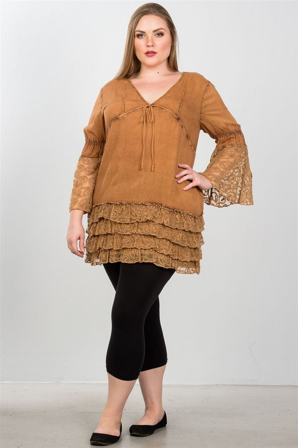 Ladies fashion plus size lace hem v neck tunic top