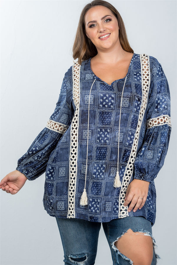 Ladies fashion plus size boho mix print tassel crochet trim top