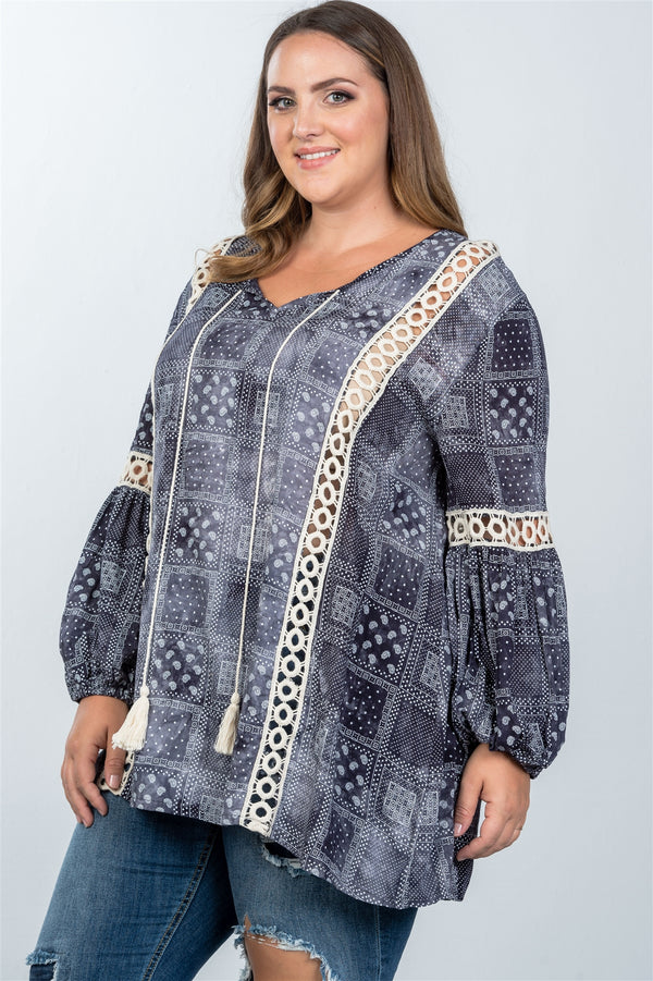 Ladies fashion plus size boho mix print tassel crochet trim top