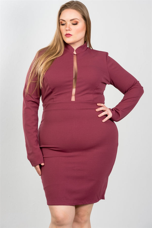 Ladies fashion plus size sexy high neck mesh insert bodycon midi plus size dress