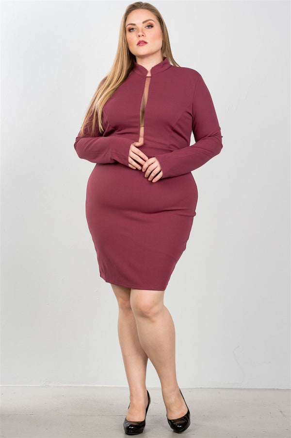 Ladies fashion plus size sexy high neck mesh insert bodycon midi plus size dress