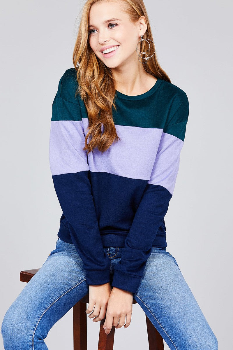 Long sleeve round neck color block pattern brushed french terry top