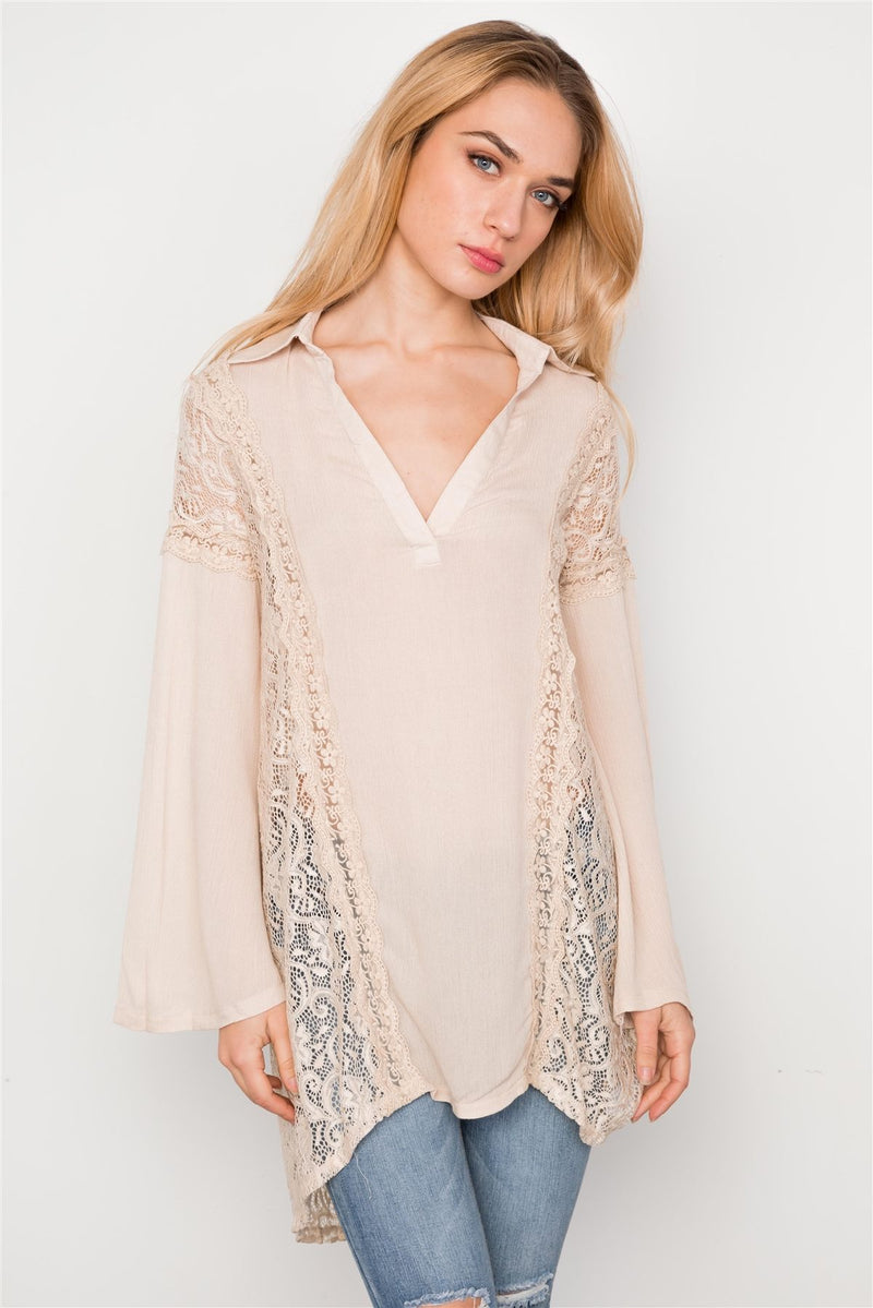 Combo Lace Bell Sleeve Tunic Top