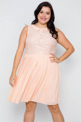 Plus Size Peach Pleated Chiffon Lace Sleeveless Dress