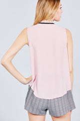 Sleeveless Contrast Tie W/lace Wool Dobby Woven Top