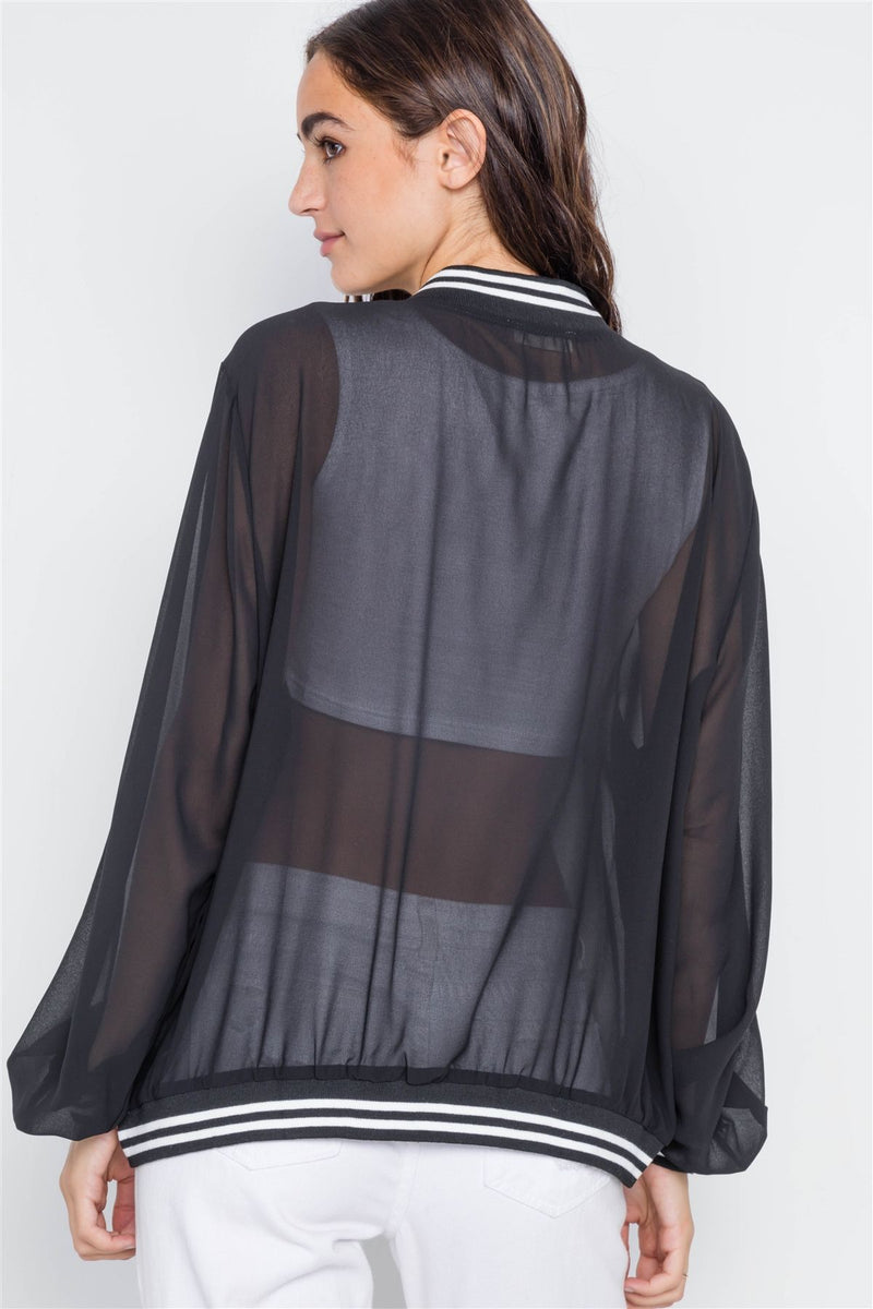 Black Sheer Contrast Trim Long Sleeve Light Jacket