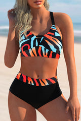 Orange Crisscross Hollow-out Back Printed High Waist Bikini