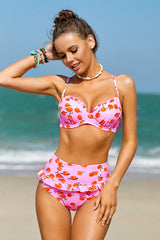 Pink Fruit Print Ruffled Detail High Waist Bikini