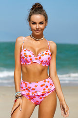 Pink Fruit Print Ruffled Detail High Waist Bikini