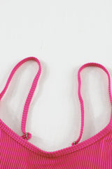 Rose Spaghetti Straps Colorblock Ribbed High Waisted Swimsuit